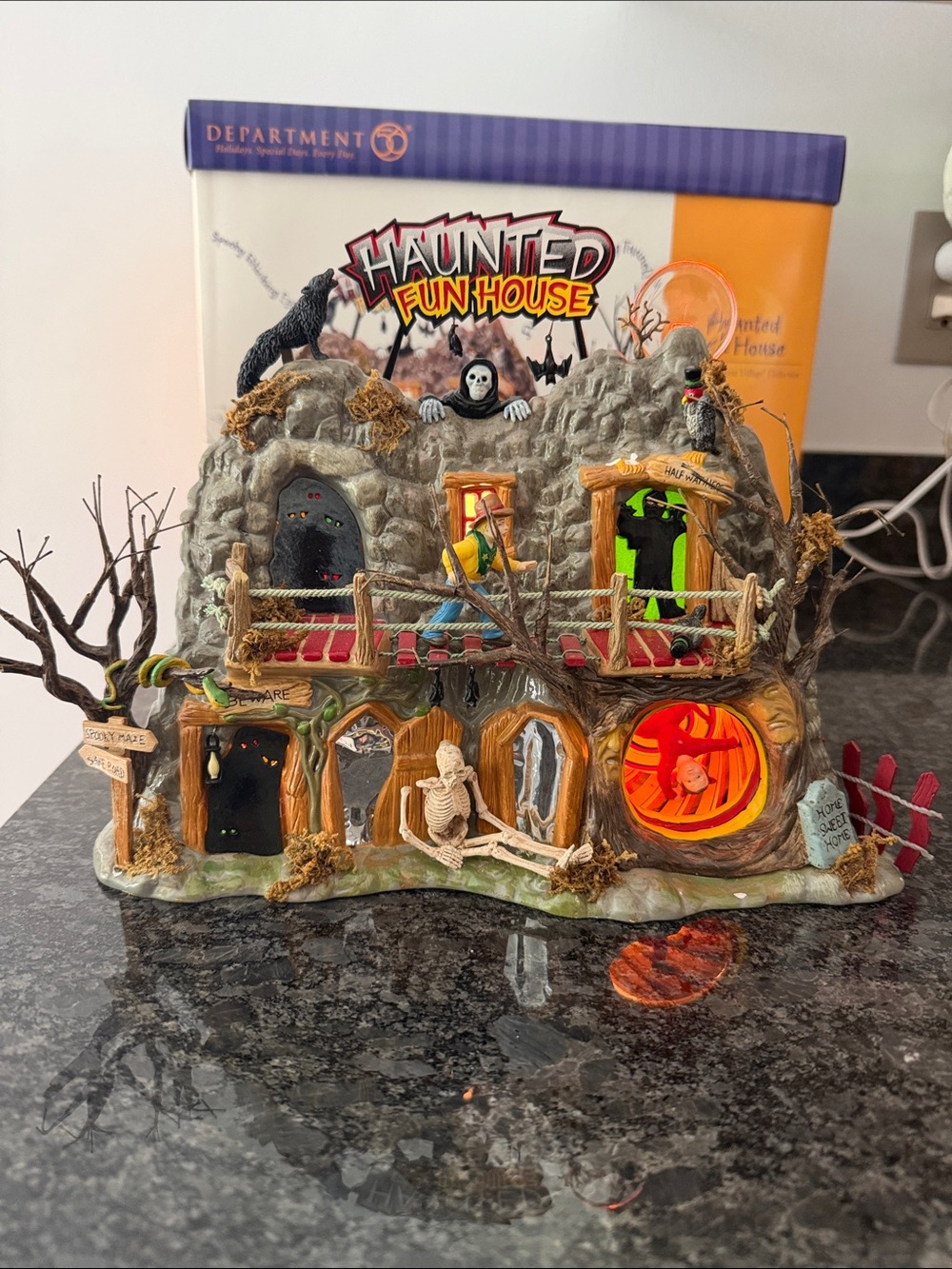 Department 56 Haunted Fun House – gray, orange, green, brown, black